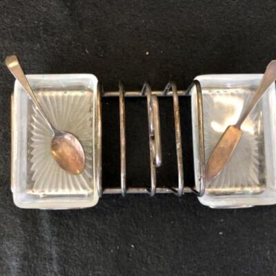 Lot 21P. Victorian Sterling silver toast tray with frosted glass jam and butter bowls, Barker Brothers Sterling Spoon and Knife, made in...