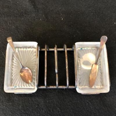 Lot 21P. Victorian Sterling silver toast tray with frosted glass jam and butter bowls, Barker Brothers Sterling Spoon and Knife, made in...