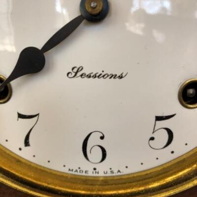 Lot 22P. Sessions chiming Mantle Clock 1910-1930, Porcelain face, Made in USA, (Always wind forward, never moves arm back in time) â€”...