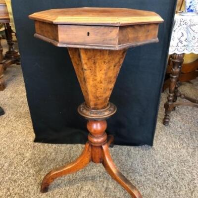  '.Lot 24P. Tall wooden Victorian sewing table with thread compartment under top lidâ€” $600
