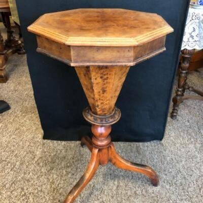  '.Lot 24P. Tall wooden Victorian sewing table with thread compartment under top lidâ€” $600