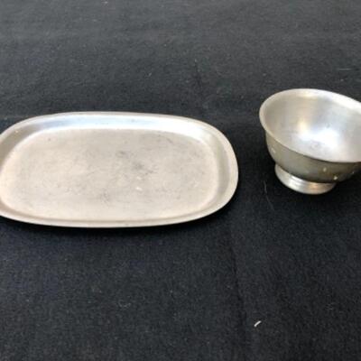 Lot 28P. 1 Pewter tea strainer, 1 Pewter spoon, 1 Pewter ladle, Nantucket, made in USA; 1 Pewter ladle, Nantucket, made in USA; 1 small...