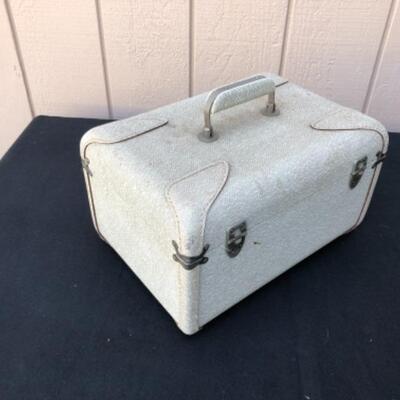 Lot 49S. Vintage â€œVogueâ€ Luggage Set, Train Case, Carry on and Large suitcase, Light Grey with Blue Satin lining, Textured Hard-case,...