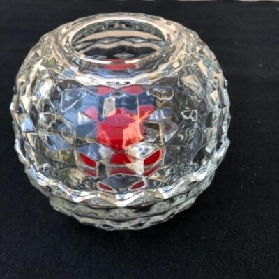 Lot 59L. Fostoria American Glassware: 2 Candlestick holders, 1globe votive holder (2 pieces), 2 small tea light holders, 1 pedestal Candy...
