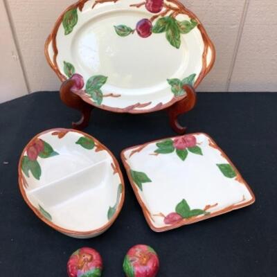 Lot 69L. Vintage Franciscan Earthenware Apple: 1 Oval Large Platter, 1 Divided Serving Dish, 1 Square Platter, Salt & Pepper set â€” $42.50