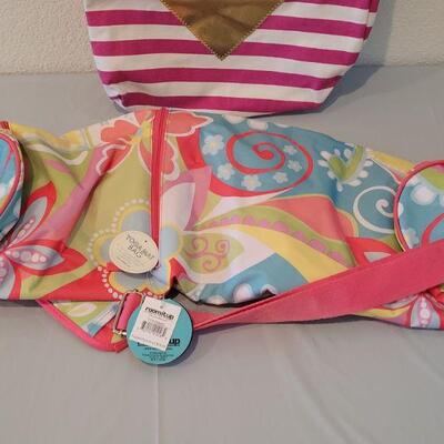 Lot 136: New Pink and White Stripe Tote with Gold Heart and New Yoga Mat Tote Bag