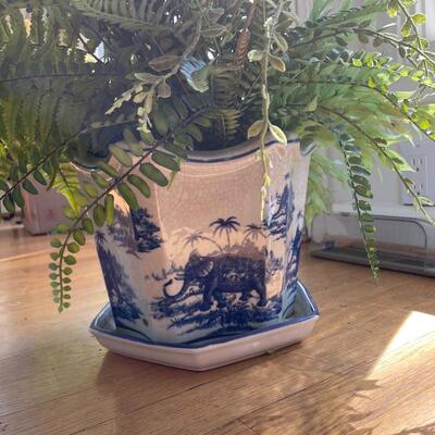 Lot 56 - Blue & White Planters w/ Faux Floral