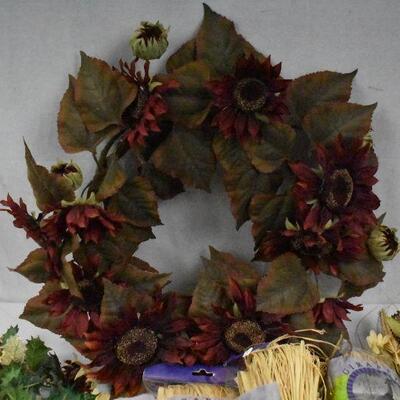 Maroon Sunflower Wreath, Faux Flowers, & Natural Raffia