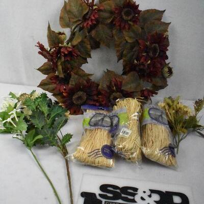 Maroon Sunflower Wreath, Faux Flowers, & Natural Raffia