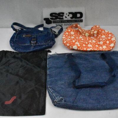 4 pc Handbags/Tote Bags/Purses: 2 Denim, 1 Black, 1 Orange