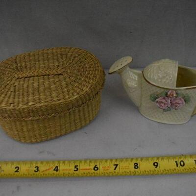 2 pc Decor: Brown Basket with Lid, & Ceramic Decorative Watering Can