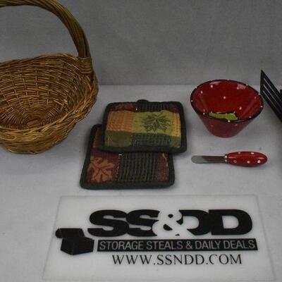8 pc Various Kitchen: Basket, Hot pads, Dish with Spreader, 3 plastic utensils