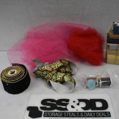 Various Crafting Lot: Tulle, Small Boxes, Ribbon, Thread