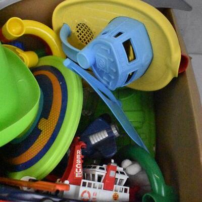 Box of Various Toys: Boats, Cars, Marble Run, etc.