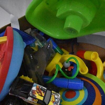 Box of Various Toys: Boats, Cars, Marble Run, etc.