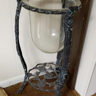 Wrought iron and glass vase or planter or candle holder 