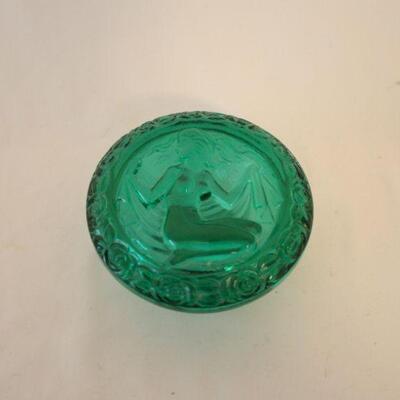 Lot #58: Vintage Green Aqua Glass Trinket Container 