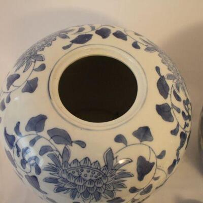 Lot #61: Pair of Chinese Blue and White Hand Painted Porcelain Jars with Lids