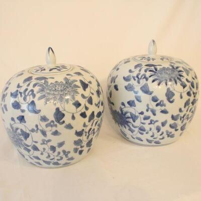 Lot #61: Pair of Chinese Blue and White Hand Painted Porcelain Jars with Lids