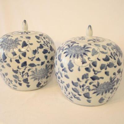 Lot #61: Pair of Chinese Blue and White Hand Painted Porcelain Jars with Lids