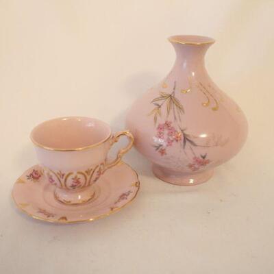 Lot #68: Rose Pink Porcelain Vase and Tea Cup with 14k Gold Accents