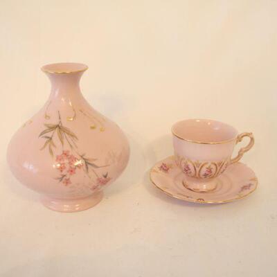 Lot #68: Rose Pink Porcelain Vase and Tea Cup with 14k Gold Accents