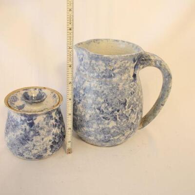 Lot #69: Vintage Blue and White Spongeware Pottery Pitcher and Sugar Jar 