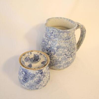 Lot #69: Vintage Blue and White Spongeware Pottery Pitcher and Sugar Jar 