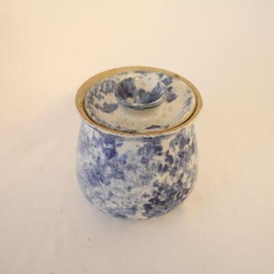 Lot #69: Vintage Blue and White Spongeware Pottery Pitcher and Sugar Jar 