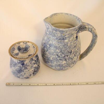 Lot #69: Vintage Blue and White Spongeware Pottery Pitcher and Sugar Jar 