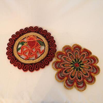 Lot #70: 2 PC LOT of Colorful Handwoven Vintage Straw Trivets 