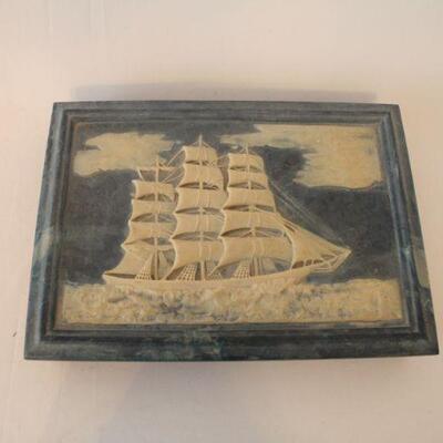 Lot #75: American Walnut and Blue Incolay Dante Clipper Ship Dresser Box 