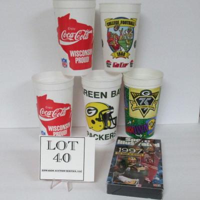 4 Plastic Green Bay Packers & 1 College Football 1988 Pizza Hut Cups and 1 Sealed Sports Illustrated 1997 VHS