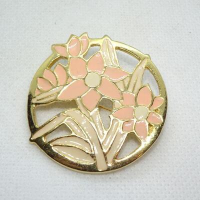 Gold Tone Enamel Flower Pin, Peach Flowers 