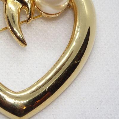 Signed Pearl Heart Pin, Gold Tone 