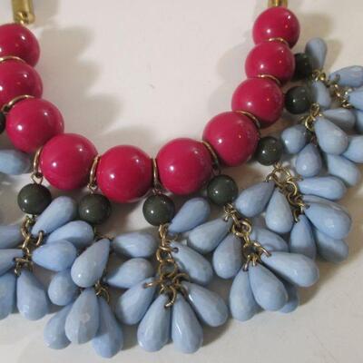 Vintage Enamel Bib Choker necklace Teardrop Dangles Blue and Red / Statement