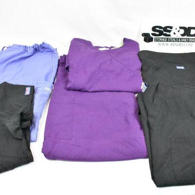 6 pc Scrubs, size XL: 3 Black & 3 purple