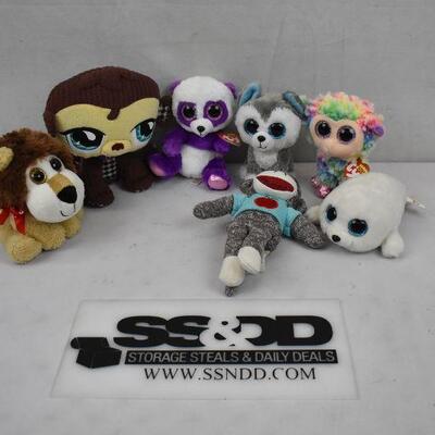 7pc Stuffies: 4 Beanie Boos, 1 Littlest Pet Shop, 1 Sock Monkey, 1 Kellytoy