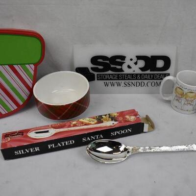 5 pc Christmas Kitchen: 2 Mugs, Santa Spoon, Bowl, Cookie Container