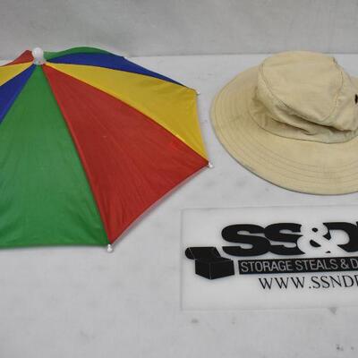 2 Hats: Colorful Umbrella Hat & Tan Sun Hat