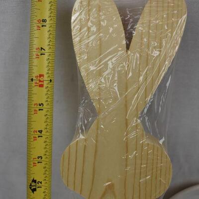 4 pc Easter Decor: Wooden Bunny Craft, 2 plates, Porcelain Egg Tea Light