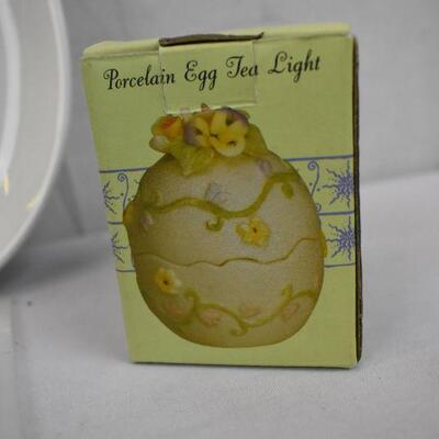 4 pc Easter Decor: Wooden Bunny Craft, 2 plates, Porcelain Egg Tea Light