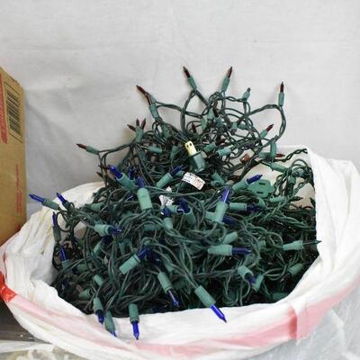 Large Lot of Christmas Lights, Icicle lights, White, Blue, Red Lights, And Clips