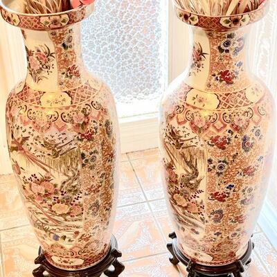 Lot 7  Vintage Asian Ceramic Floor Vases w/Rosewood Stands 