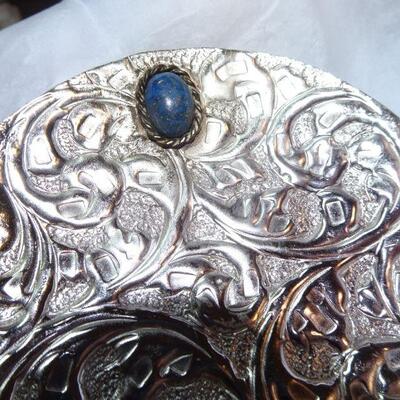 Silver Plated Jewelry Trinket Dish, Taneez Lapis Gem Stone 