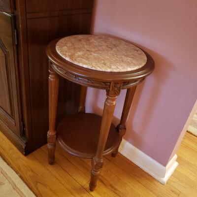 Small wood and marble table/ pedestal 