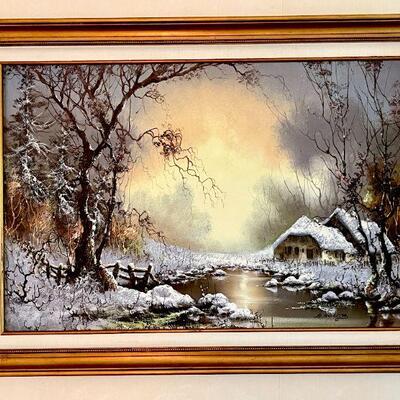 Lot 17  Studio Art Oil Painting by Abuikemp Forrest Scene Snow Covered Cottage 