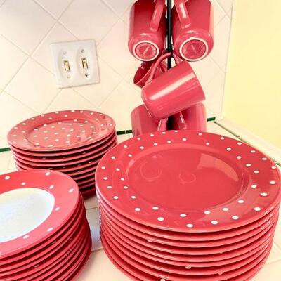 Lot 23  Red Polka Dot Plates Mugs, Salt & Pepper 