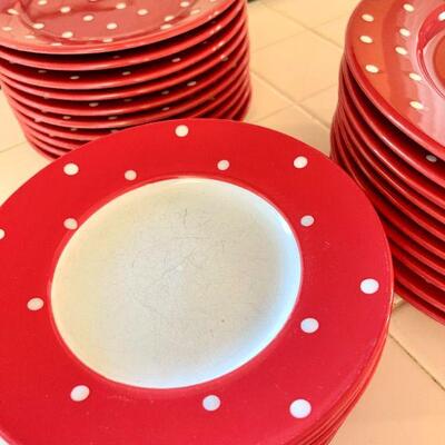 Lot 23  Red Polka Dot Plates Mugs, Salt & Pepper 