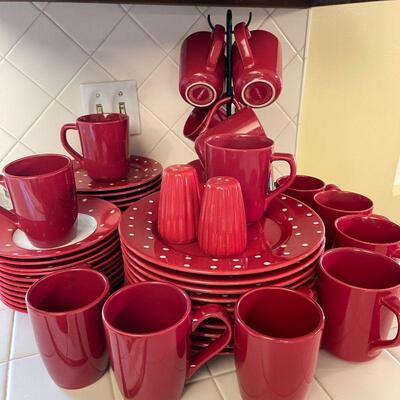 Lot 23  Red Polka Dot Plates Mugs, Salt & Pepper 